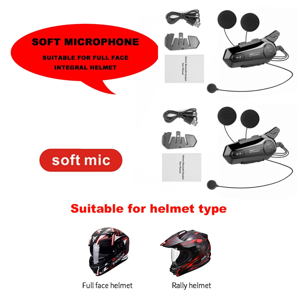 1/2Pcs Bluetooth Intercom Motorcycle helmet bluetooth headset for 2 Rider intercomunicador Moto Interphone Headset Wireless