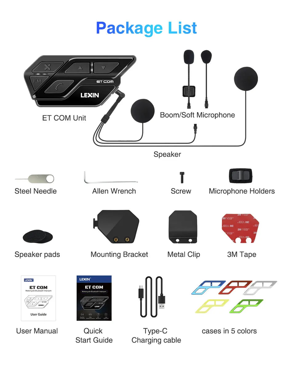 LEXIN ET COM Helmet Intercom Motorcycle Bluetooth v5.0 with 6 DIY Color, Waterproof&FM Radio Headsets